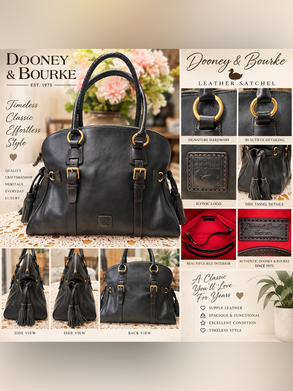 Dooney & Bourke Large Black Florentine Leather Satchel Tassel Bag Gold Hardware